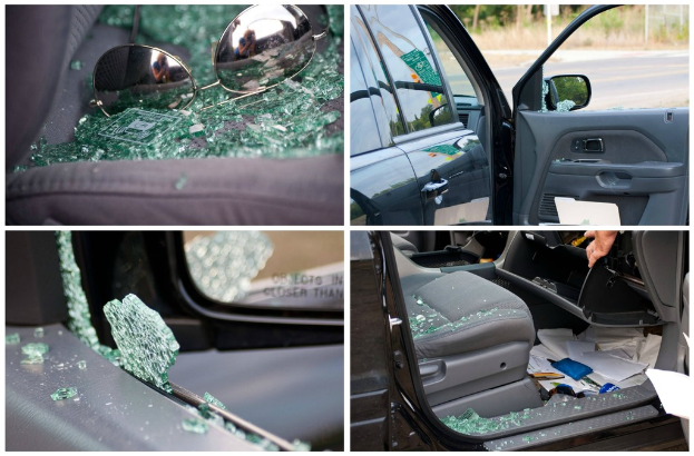 Eine Collage aus vier Bildern: Brille auf gebrochenen Glasscherben, eine Seitansicht eines Autos, ein gebrochenes Autofenster und ein Autositz voller Glasscherben.