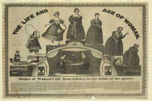 Eine farbenfrohe Papierreproduktion, die die Phasen des Lebens einer Frau von der Kindheit bis ins hohe Alter zeigt, begleitet von kräftigem Text.