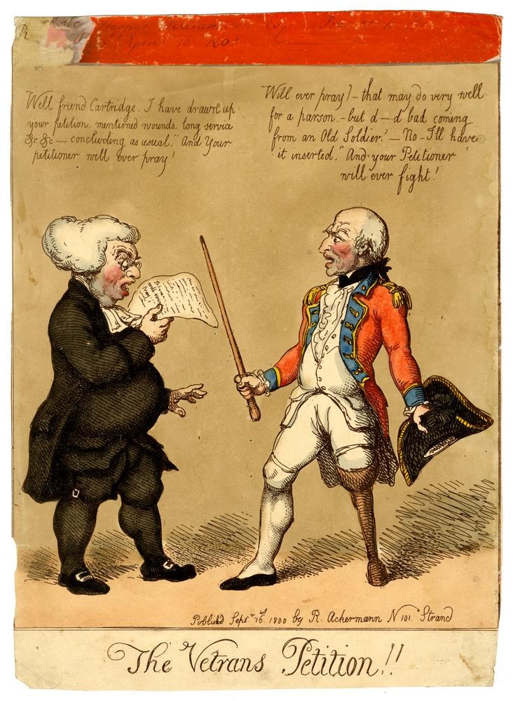 Cartoon eines Mannes mit einem Stock und einer Frau mit einem Papier, die sich mit Text unten unterhalten, der "Die Veteranenpetition" lautet.