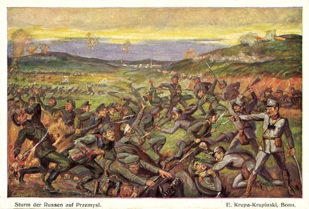 Painting depicting a battle scene with men in military uniforms, some holding guns, with the text "Sturm der Russen auf Przemysl" at the bottom.
