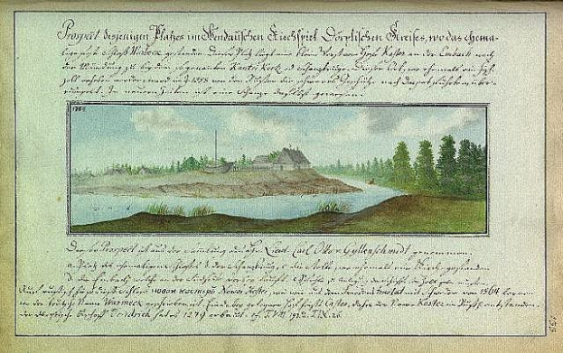 An old book titled "German Landscapes, Landscape and Landscape of Germany, 18th century" featuring a drawing of a river, a house, trees, grass, and a cloudy sky.
