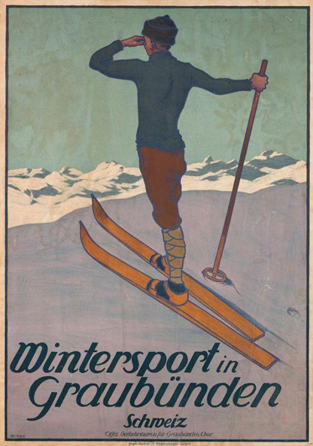 Eine Person auf Skiern mit einem Stock in der Hand vor schneebedeckten Bergen auf einem Plakat, das eine Wintersportart in Graubünden, der Schweiz, bewirbt, mit Textinformationen.