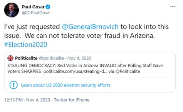 Ein Screenshot des Twitter-Profils von Paul Gosar, der sein Profilbild und den Text "Wir können keine Wahlfälschung in Arizona dulden" zeigt.