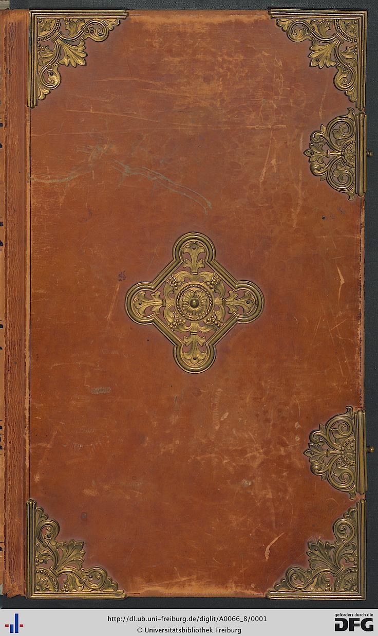 Old book with a brown cover and gold trim, labeled "universitätsbibliothek freiburg," on a black background.