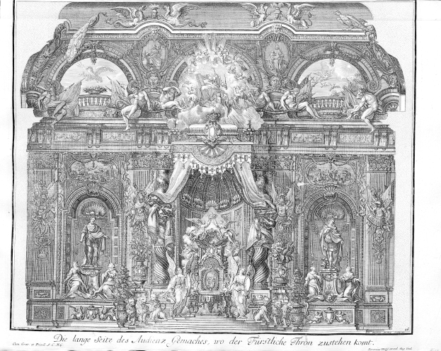 Schwarze und weiße Zeichnung eines prunkvollen Altars mit detaillierten Schnitzereien und Skulpturen, der eine königliche Gestaltung aufweist.