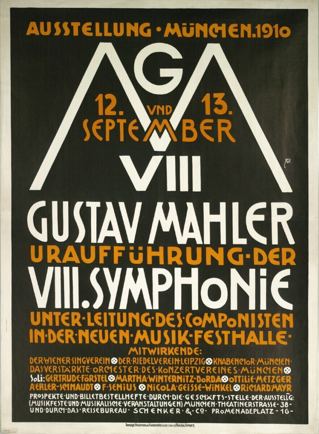 Poster for Gustav Mahler's symphonic concert in Munich, Germany, centered with text.