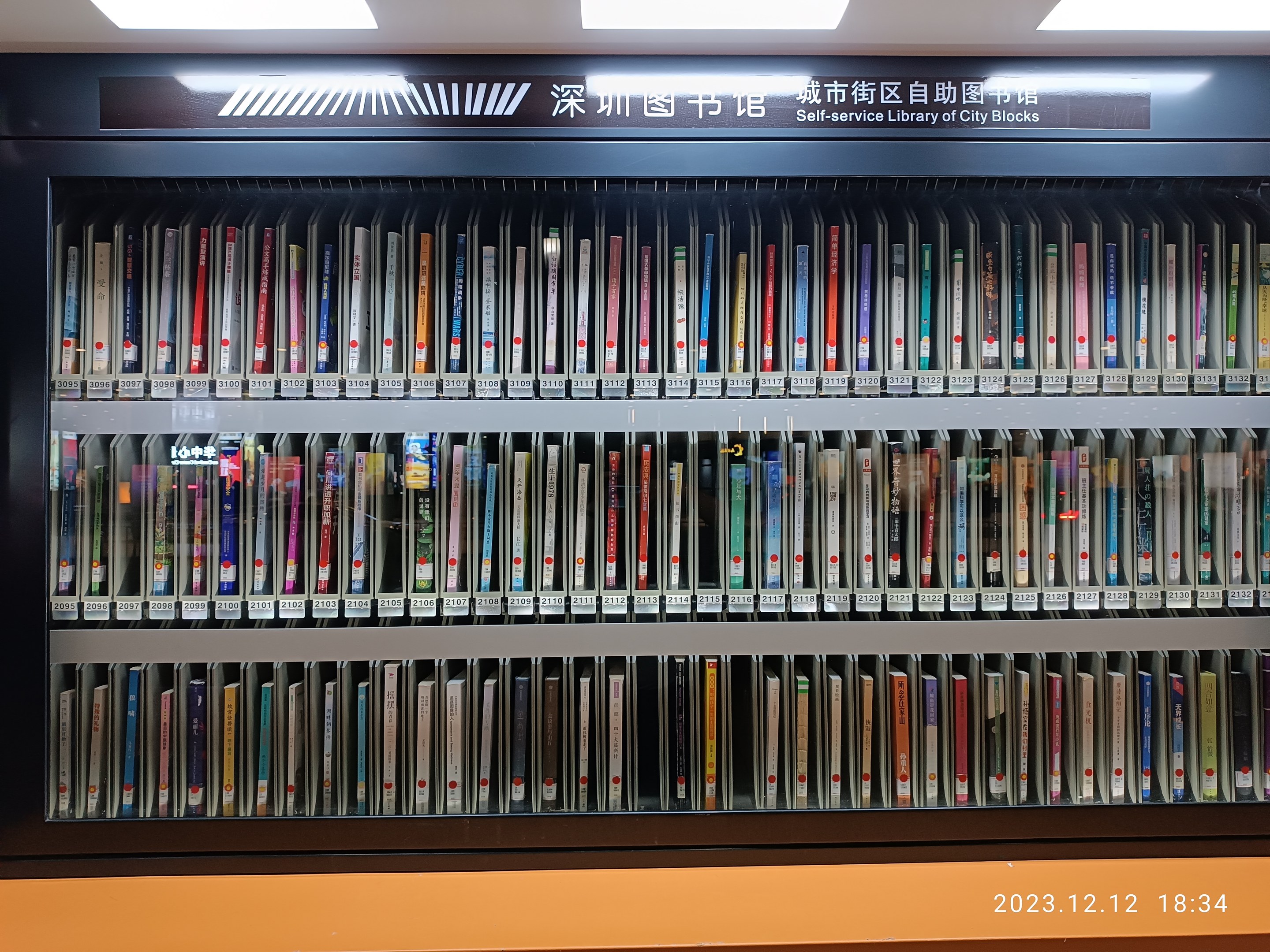 Eine gut beleuchtete Bibliothek mit hohen Bücherregalen voller Bücher, ein sichtbares Informationsbrett und ein Wasserzeichen unten.