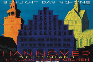 Ein Plakat, das Hannover, Deutschland, bewirbt und ein paar Gebäude, Bäume und Text zeigt.