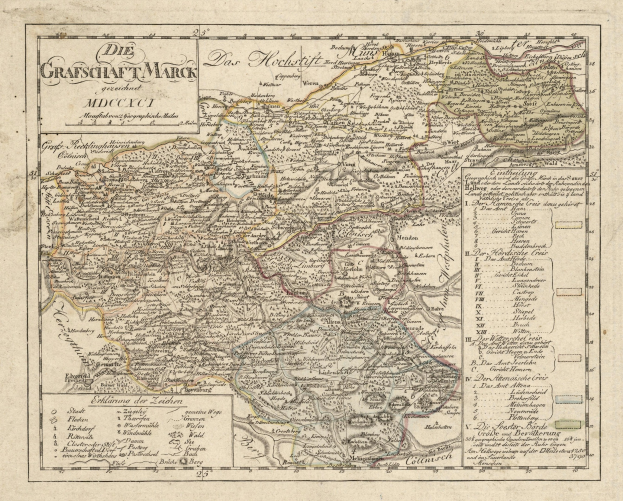 Ein detaillierter alter Stadtplan von München, Deutschland, mit Straßen, Parks und Sehenswürdigkeiten und einem dekorativen Rand in Blau-, Grün- und Gelbtönen.