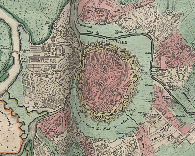 Ein altes Stadtplan von Wien, Deutschland, zeigt Straßen, Gebäude und Sehenswürdigkeiten in detaillierter Darstellung.