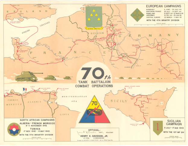 Poster showing a map of the 70th tank battalion's World War II combat operations, including images of tanks, unit logos, and descriptive text.