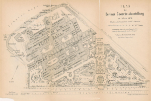 Old map of Berlin, Germany, from 1879 showing the Berliner Gewerbe-Ausstellung with detailed streets, buildings, parks, and landmarks.