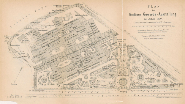 Old map of Berlin, Germany, from 1879 showing the Berliner Gewerbe-Ausstellung with detailed streets, buildings, parks, and landmarks.