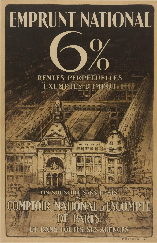 Plakat mit hellblauem Hintergrund, das ein zweistöckiges Gebäude mit rotem Dach und weißen Wänden zeigt und zentrierte fette schwarze Schrift mit der Aufschrift "emprunt national 6% - rentes perpetuelles exemptes impot."
