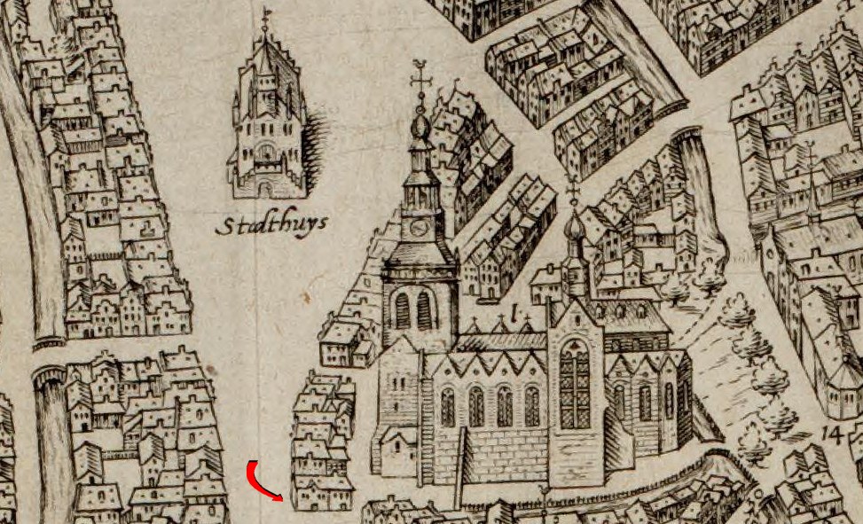 Old map of Stadthuys with a red arrow pointing to a specific location, featuring detailed illustrations of buildings and text.