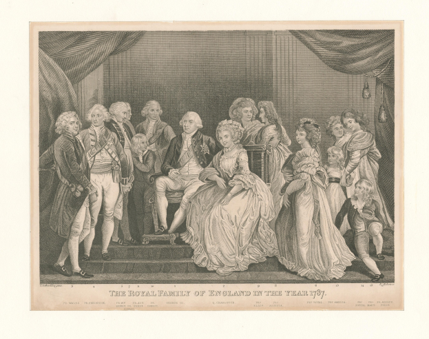 A group of people from the English royal family in 1787, standing and sitting on stairs with curtains in the background, accompanied by text at the bottom.