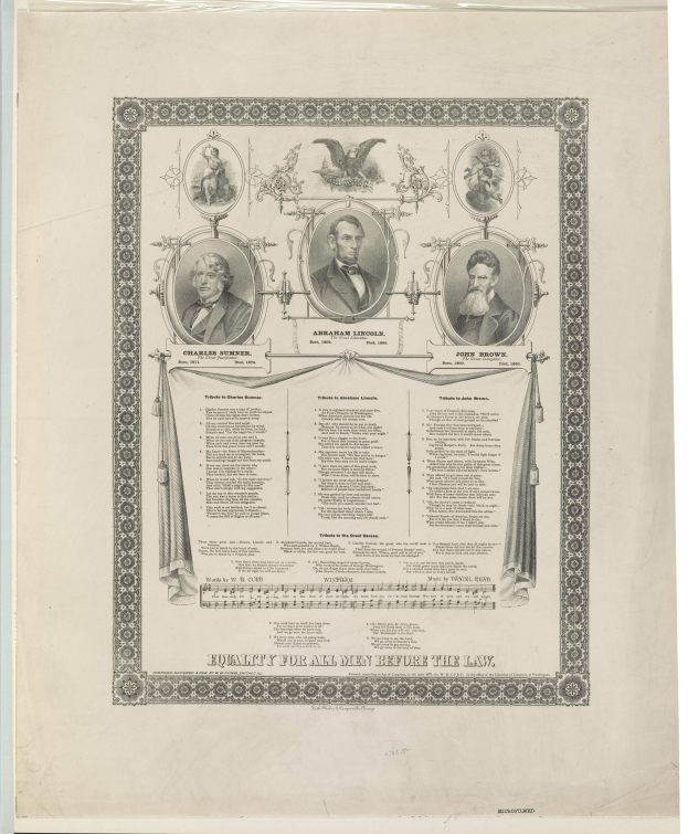 Ein Dokument mit Bildern von Abraham Lincoln und seiner Familie, auf dem steht: "Gleichheit vor dem Gesetz für alle Männer."