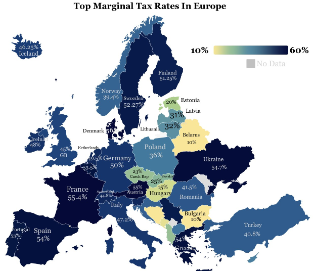 Eine Karte von Europa mit Farben, die die höchsten Grenzsteuersätze in jedem Land anzeigen, mit der Überschrift "Höchste Grenzsteuersätze in Europa."