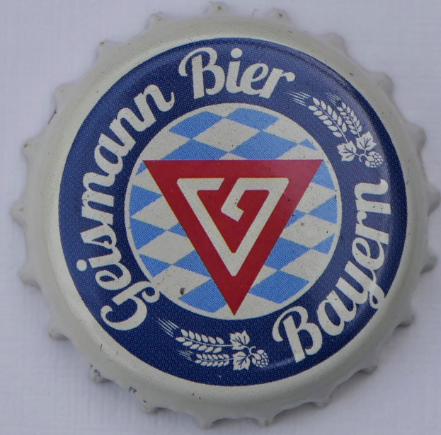 Eine Flaschenkappe mit einem blauen und weißen Karomuster und der Aufschrift "Deutsches Bier".