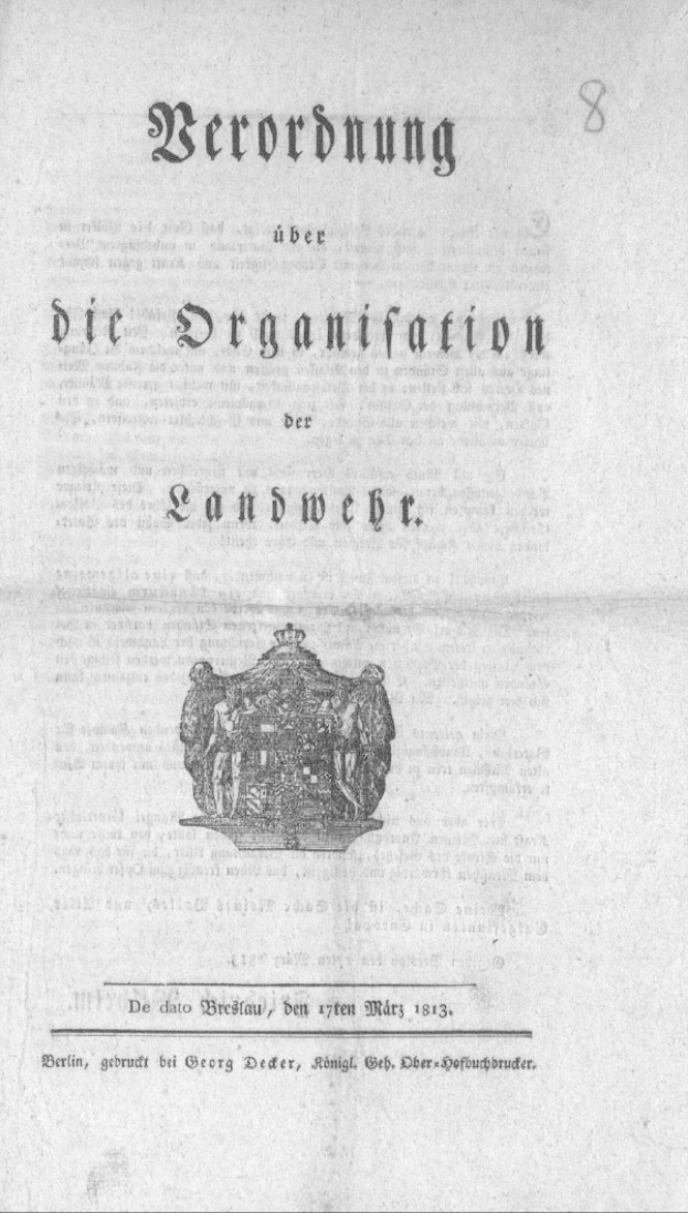 Black and white book cover featuring a man in a suit and tie, with the title "Berordnung über die Organisation der Landwebe" printed on the cover.