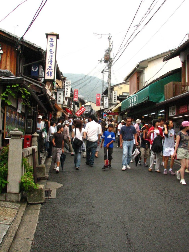 Eine Gruppe von Menschen, einige stehen und einige gehen auf einer Straße mit Werbetafeln, Häusern, Pflanzen, Pfählen und Kabeln in der Nähe.