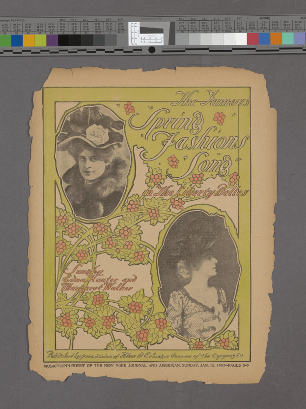 Paper with images of two women and text titled "The Famous Spring Fashions Song," accompanied by color scales at the top.