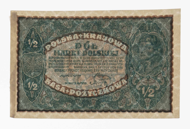 Polish banknote featuring a man's portrait with the text "Polska krajowa" against a white background.