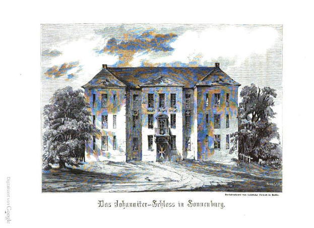 A drawing of a large building with many windows, surrounded by trees under a cloudy sky, with the text "Das Johannite-Sibloss in Sonnenburg" at the bottom.