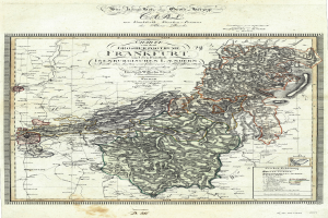 Eine alte Karte von Deutschland und Österreich, die Provinzen mit detailliertem Text und geografischen Merkmalen zeigt.