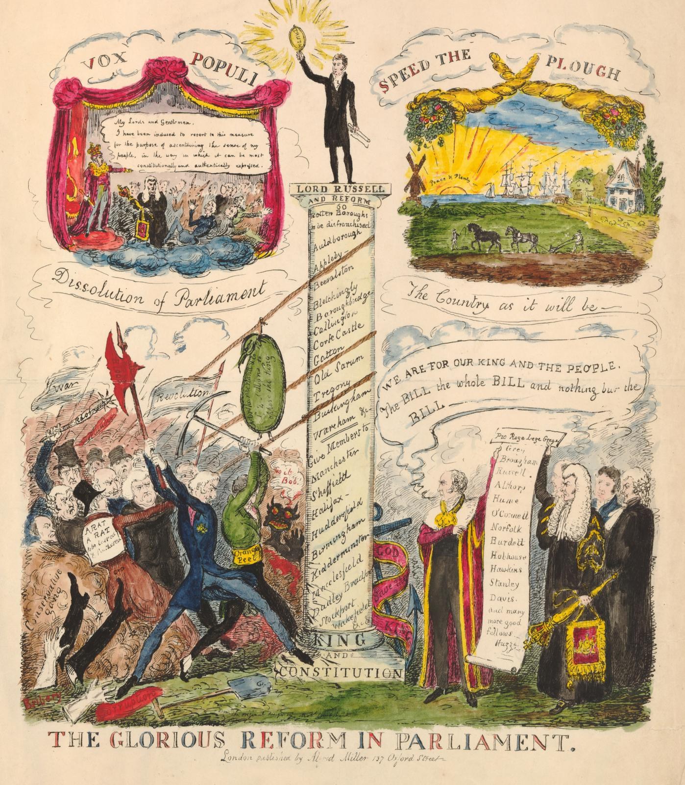 A colorful illustrated document titled "The glorious reform in parliament," featuring bold text and diverse, smiling people, symbolizing hope and progress.