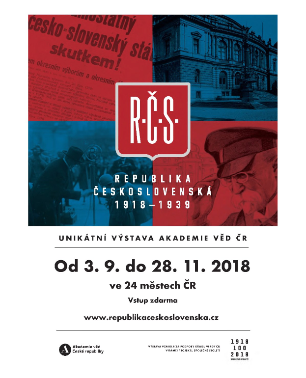 Plakat für die Tschechoslowakische Republik (TRS) mit einem Mann in Hut und einer Frau in Kleidung, die vor einem Gebäude stehen, mit begleitendem Text.