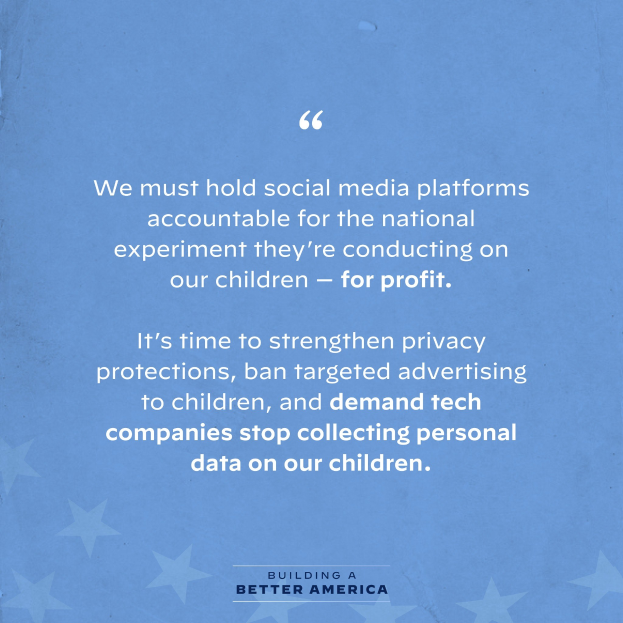 Poster with a quote from "Building a Better America" stating social media platforms should be held accountable for experimenting on children for profit, decorated with stars.
