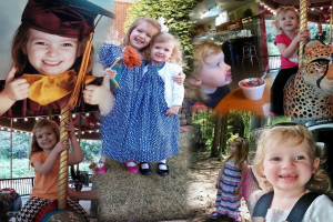 Ein Collage-Bild mit Vergnügungspark-Fahrgeschäften, einem Tisch mit Lebensmitteln, Besteck und verschiedenen Gegenständen vor einem Hintergrund aus Grünpflanzen, Lichtern und einer Wand.