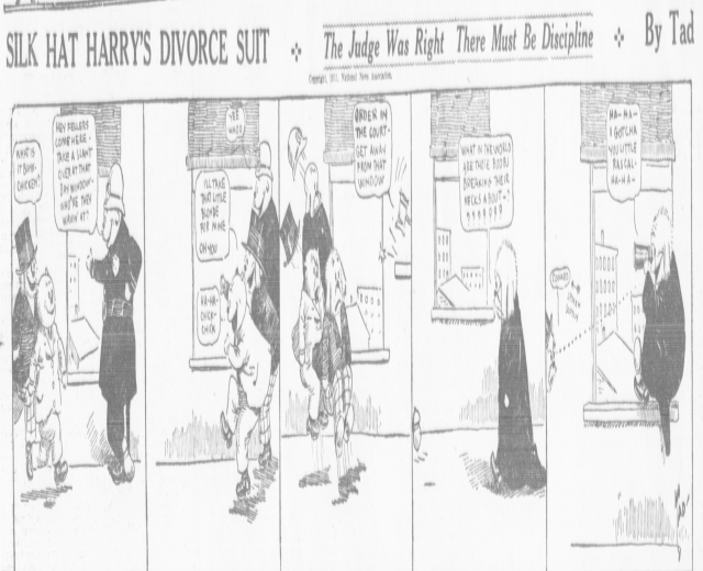 Cartoon-Illustration eines Mannes in einem schwarzen Anzug mit weißem Hemd und schwarzer Krawatte und einer Frau in einem eleganten Kleid mit einem schwarzen Schal, beide mit ernsten Gesichtern, beschriftet mit "Scheidungsklage."