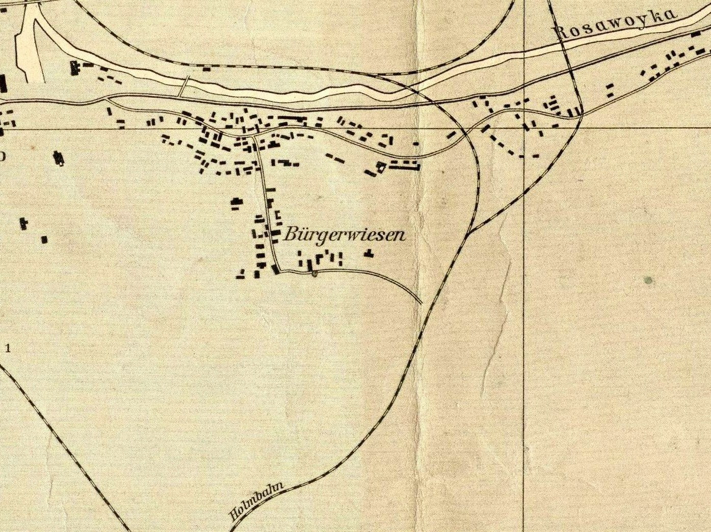 Black and white map of Burgerswiesen, Germany, with detailed city layout and text annotations.