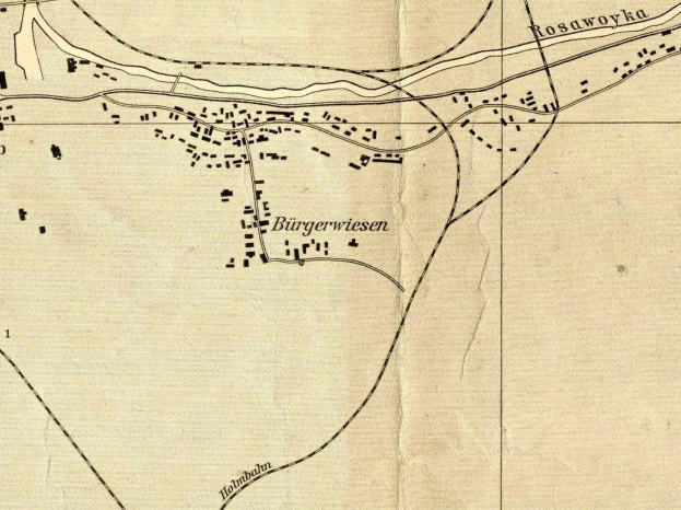 Black and white map of Burgerswiesen, Germany, with detailed city layout and text annotations.