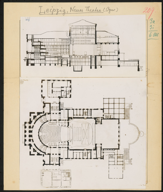 Black and white drawing of the Leipzig Neues Theater with many windows, on paper with text.