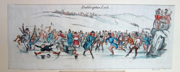 Eine Zeichnung von Menschen, die auf einer verschneiten Fläche Eis hockey spielen, mit "Duddington Loch" oben und unten geschrieben, mit glitzerndem Schnee und einem tiefblauen Himmel.