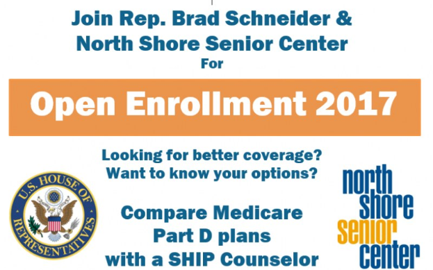 Plakat zur offenen Anmeldung 2017 mit dem Text "Treten Sie Rep. Brad Schneider & North Shore Senior Center bei" und einem Logo.