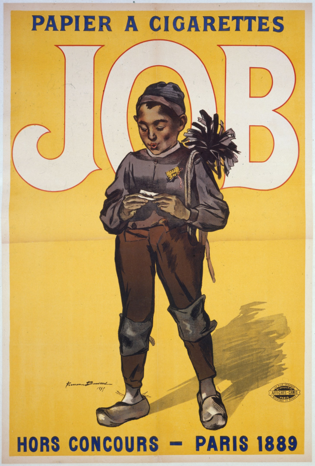 Ein Plakat mit einem jungen Jungen, der eine Zigarette hält und einen entschlossenen Ausdruck hat und wahrscheinlich einen Job bewirbt.