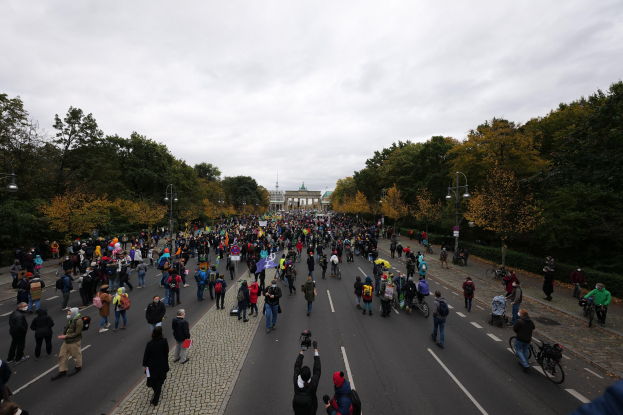 A large group of people marching down a tree-lined street with light poles, a building in the background, and a clear sky, some holding cameras.