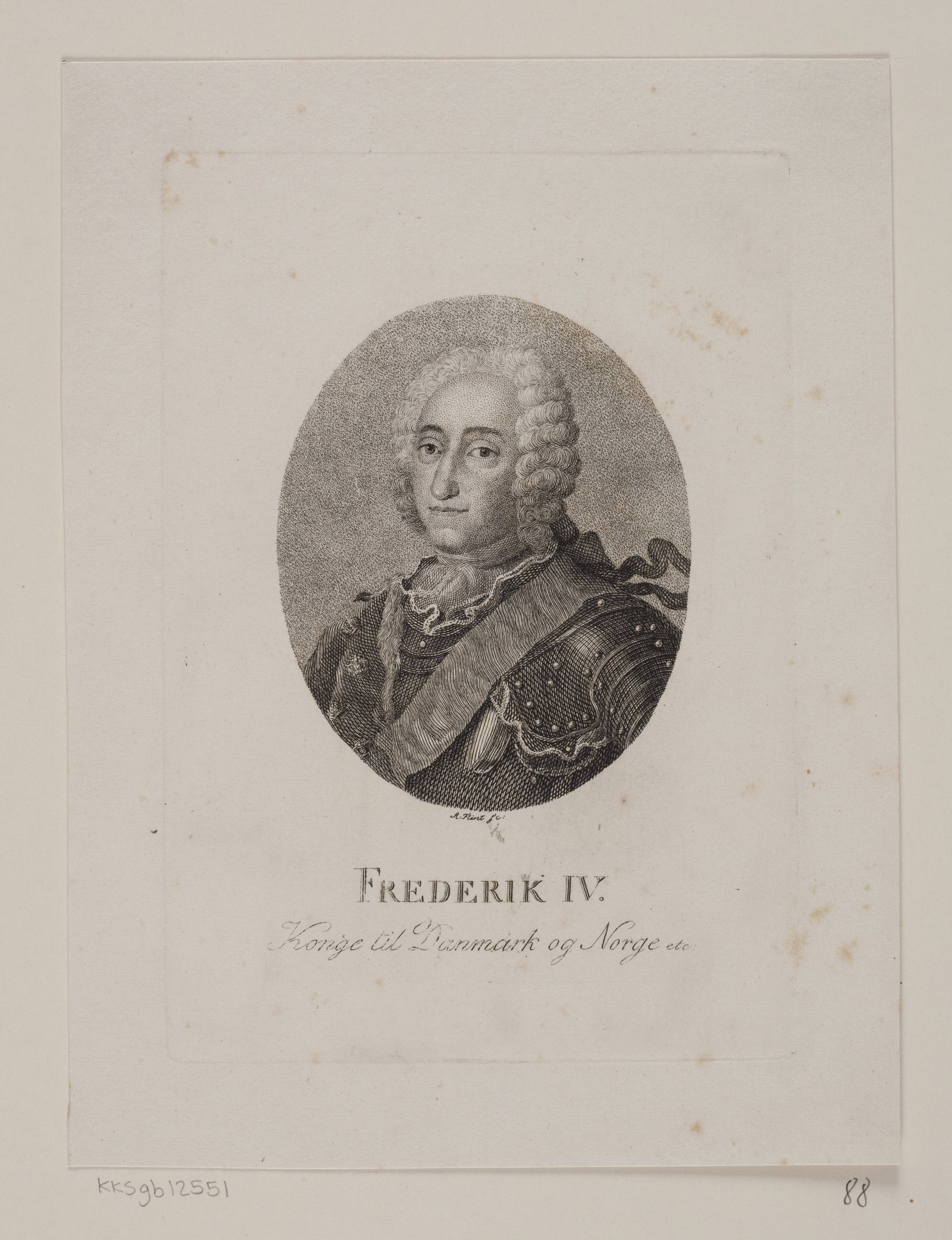 Schwarz-weißes Porträt von Friedrich IV., König von Norwegen, auf Papier mit etwas Text.