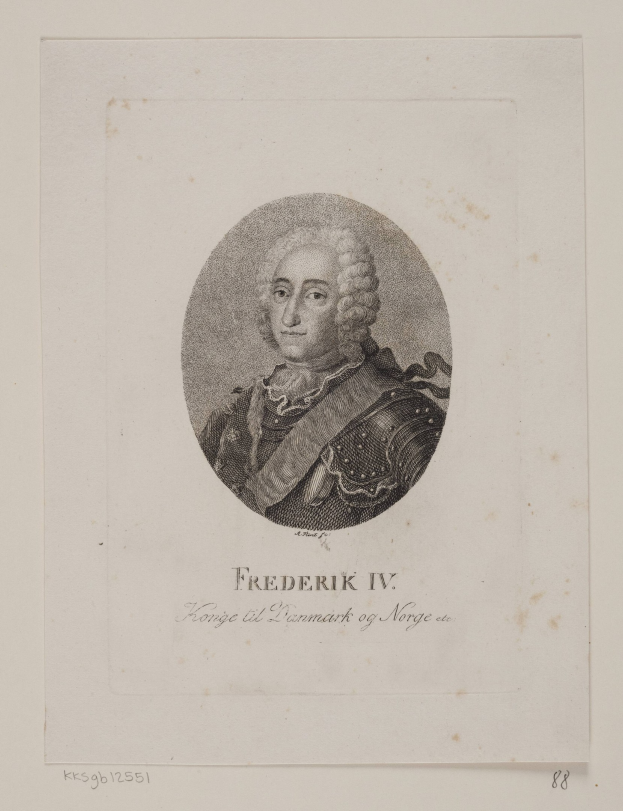 Schwarz-weißes Porträt von Friedrich IV., König von Norwegen, auf Papier mit etwas Text.