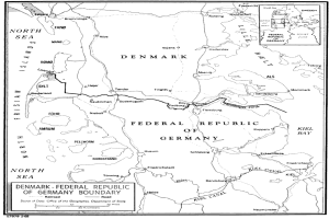 Ein Schwarz-Weiß-Plakat mit einem detaillierten Kartenbild der Bundesrepublik Deutschland, einschließlich geografischer Merkmale wie Flüsse, Berge und Städte, mit begleitendem historischem Text.