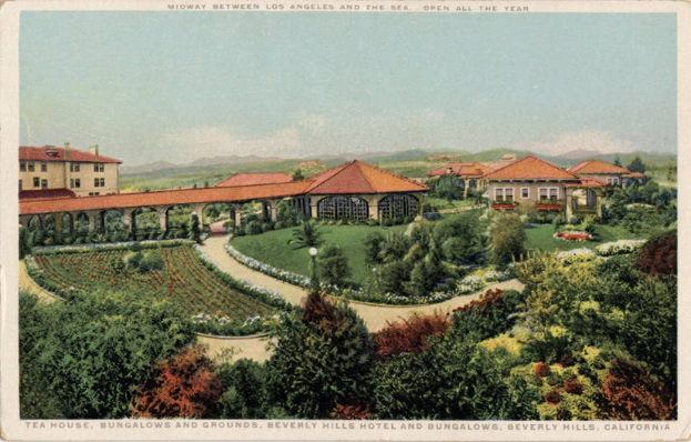 Old postcard of the Beverly Hills Hotel and Bungalows in Beverly Hills, California, showing buildings, trees, plants, flowers, grass, a walkway, light poles, hills, and a sky, with text at the top and bottom.