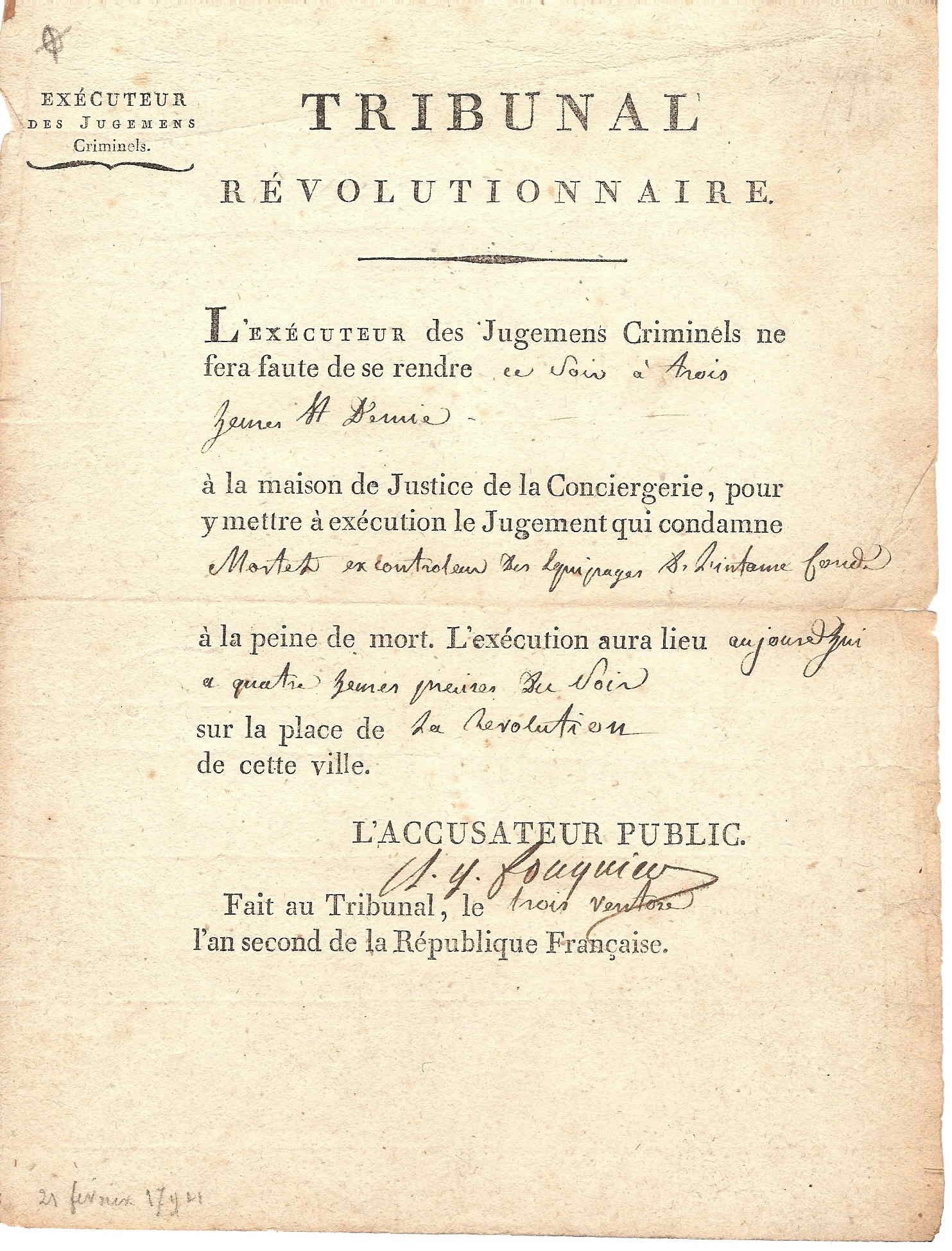 Old yellowed legal document titled "Tribunal Révolutionnaire" detailing execution judgments in France, written in cursive font.