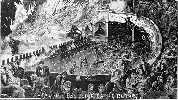 Black and white illustration of a panicked crowd in a burning theater, with smoke rising and the caption "Fatal Fire Exeter Theatre Burn" at the bottom.