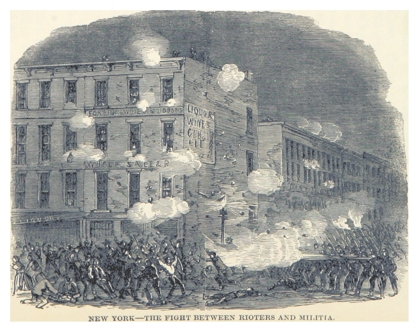 A poster depicting a violent confrontation between rioters and militia in New York City, with armed individuals on the ground, buildings in the background, and smoke rising from structures.