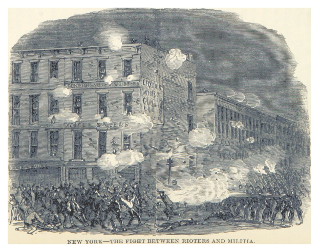 A poster depicting a violent confrontation between rioters and militia in New York City, with armed individuals on the ground, buildings in the background, and smoke rising from structures.