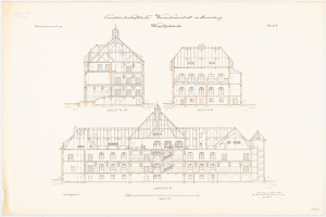 A drawing of a building with many windows, labeled "Landwirtschaftbibliothek Versuchtsstalt in Bremberg" on white paper.